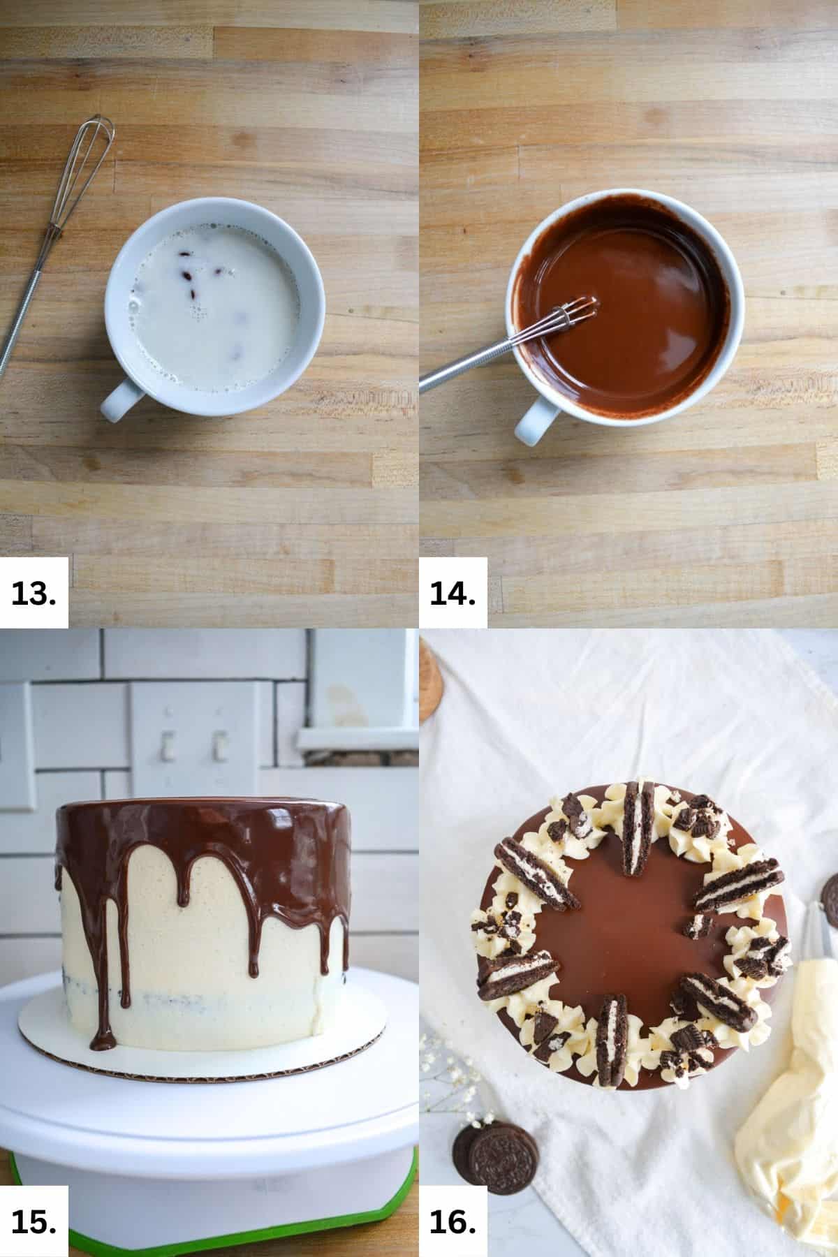 Photo collage of adding the ganache drip to the vegan oreo cake.