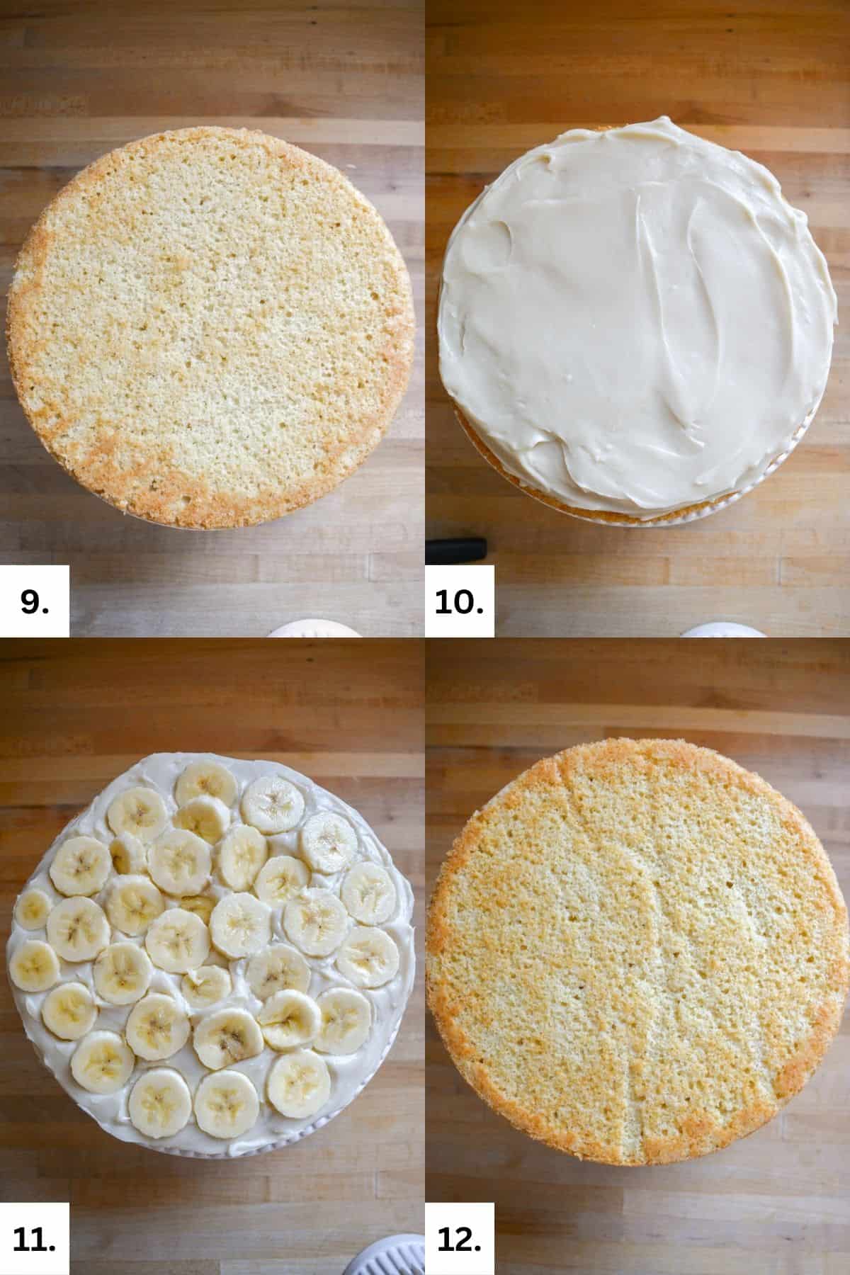 Step by step photos of stacking the vegan banana cream pie cake.
