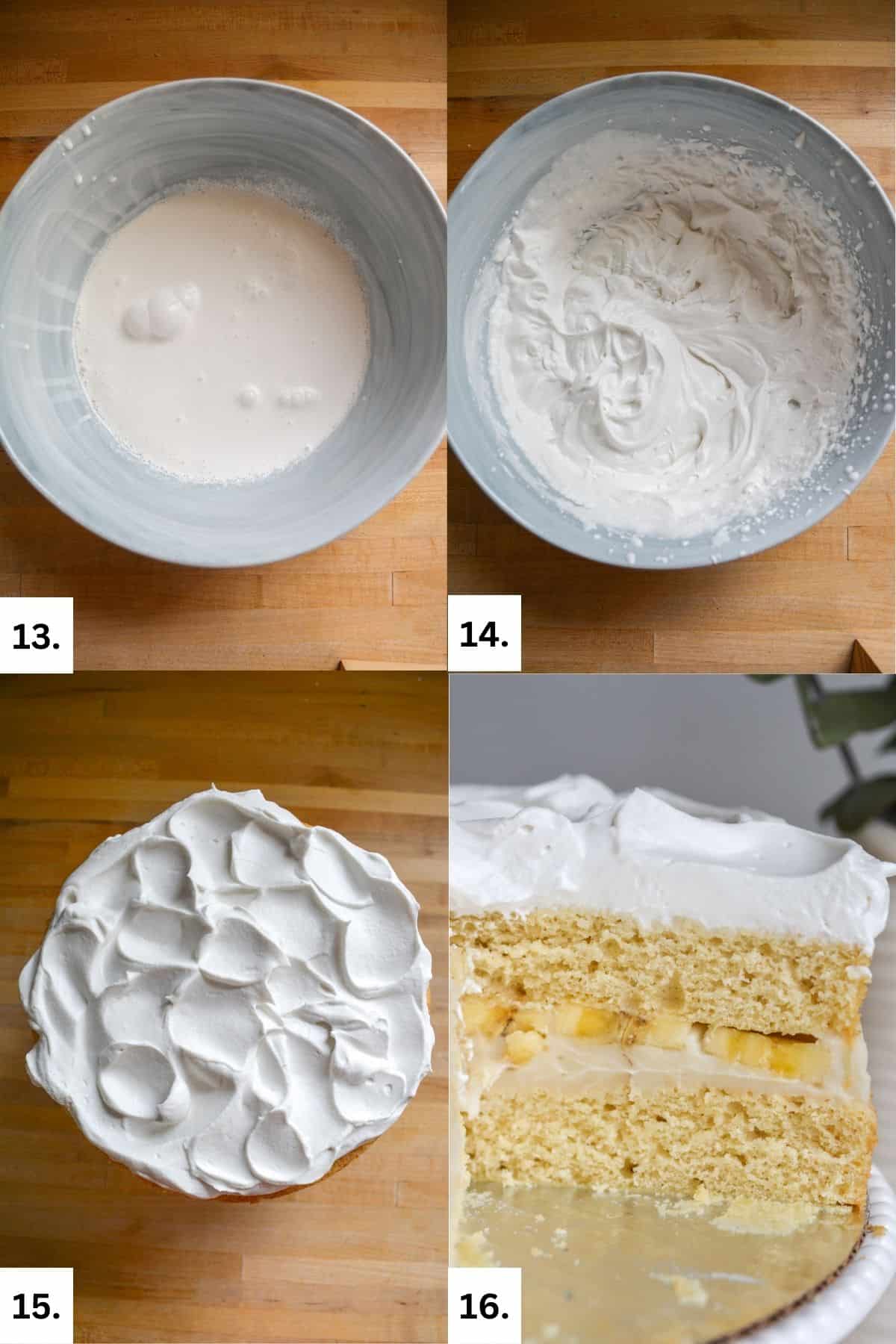 Step by step photos of making vegan whipped cream and topping the cake.