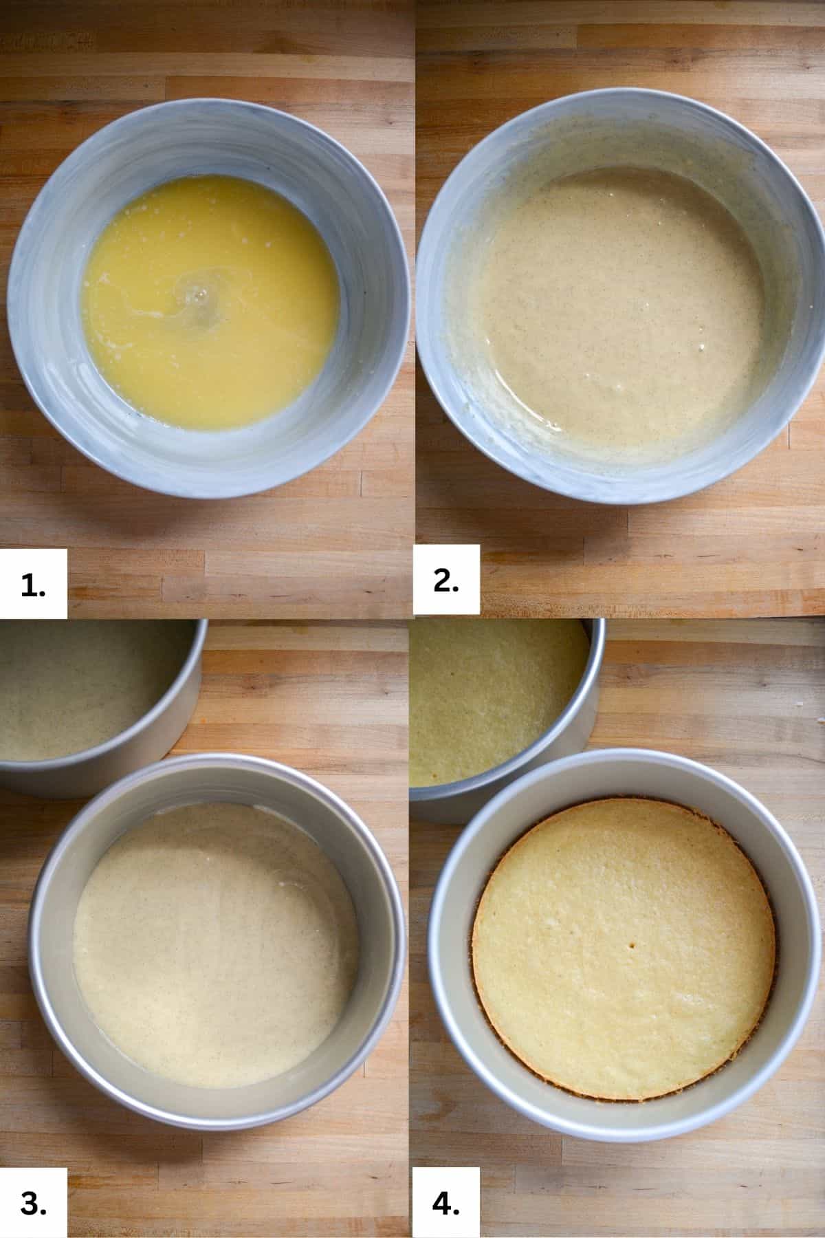 Step by step photos of making vegan vanilla cake batter.