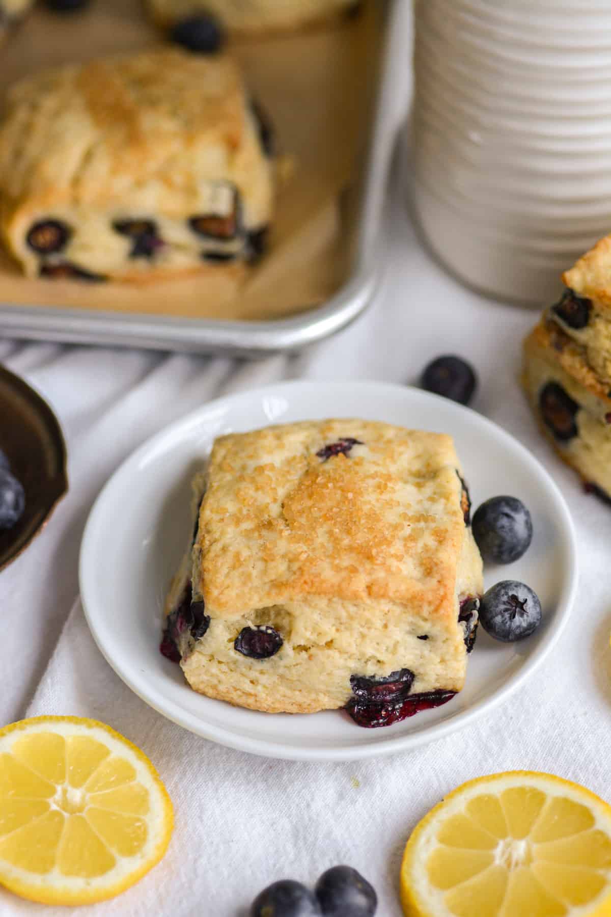 Vegan Blueberry scone on a small plate with lemon slices and blueberries in the scene.