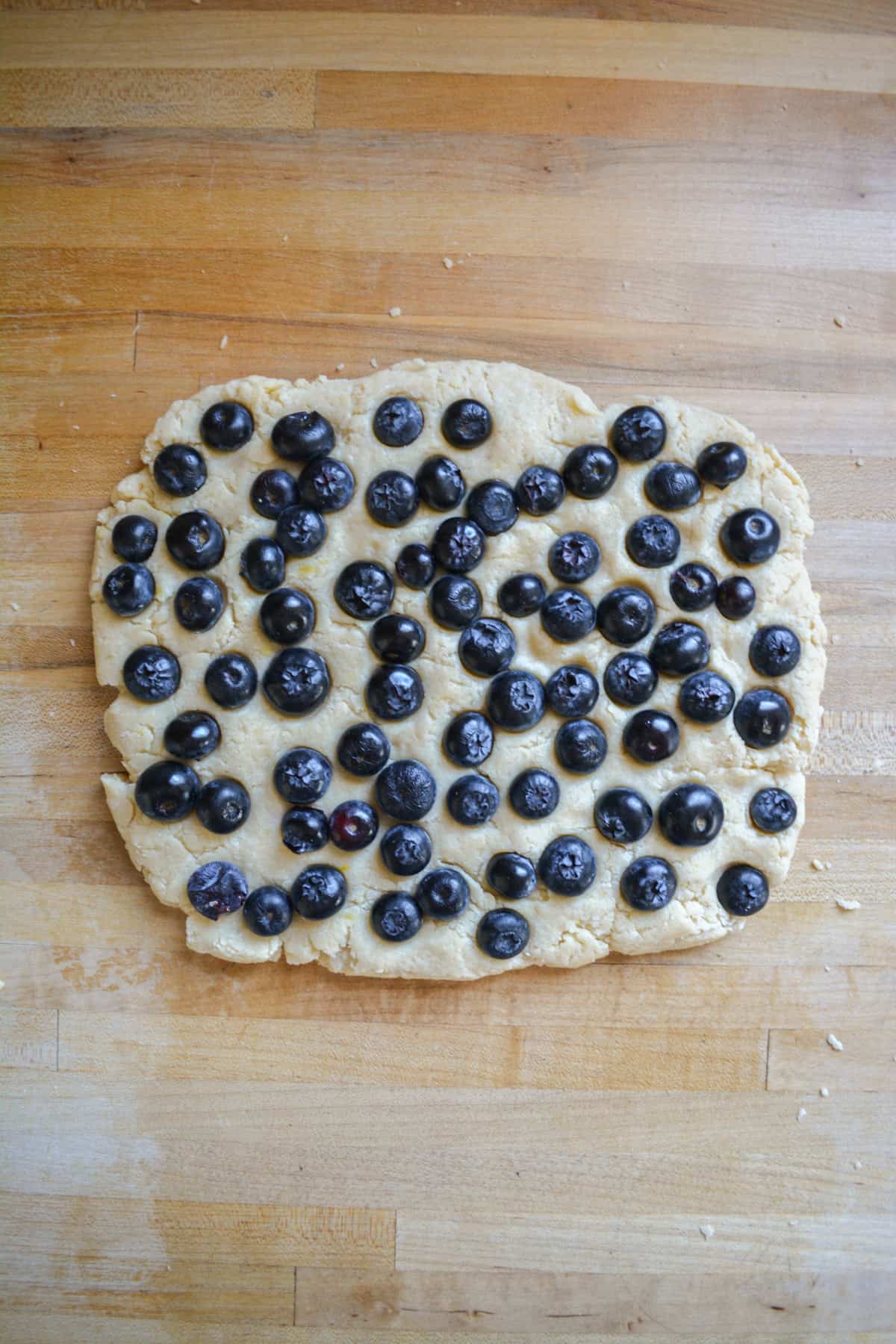 Scone dough pressed into a rectangle with fresh blueberries pressed into the top of the dough.