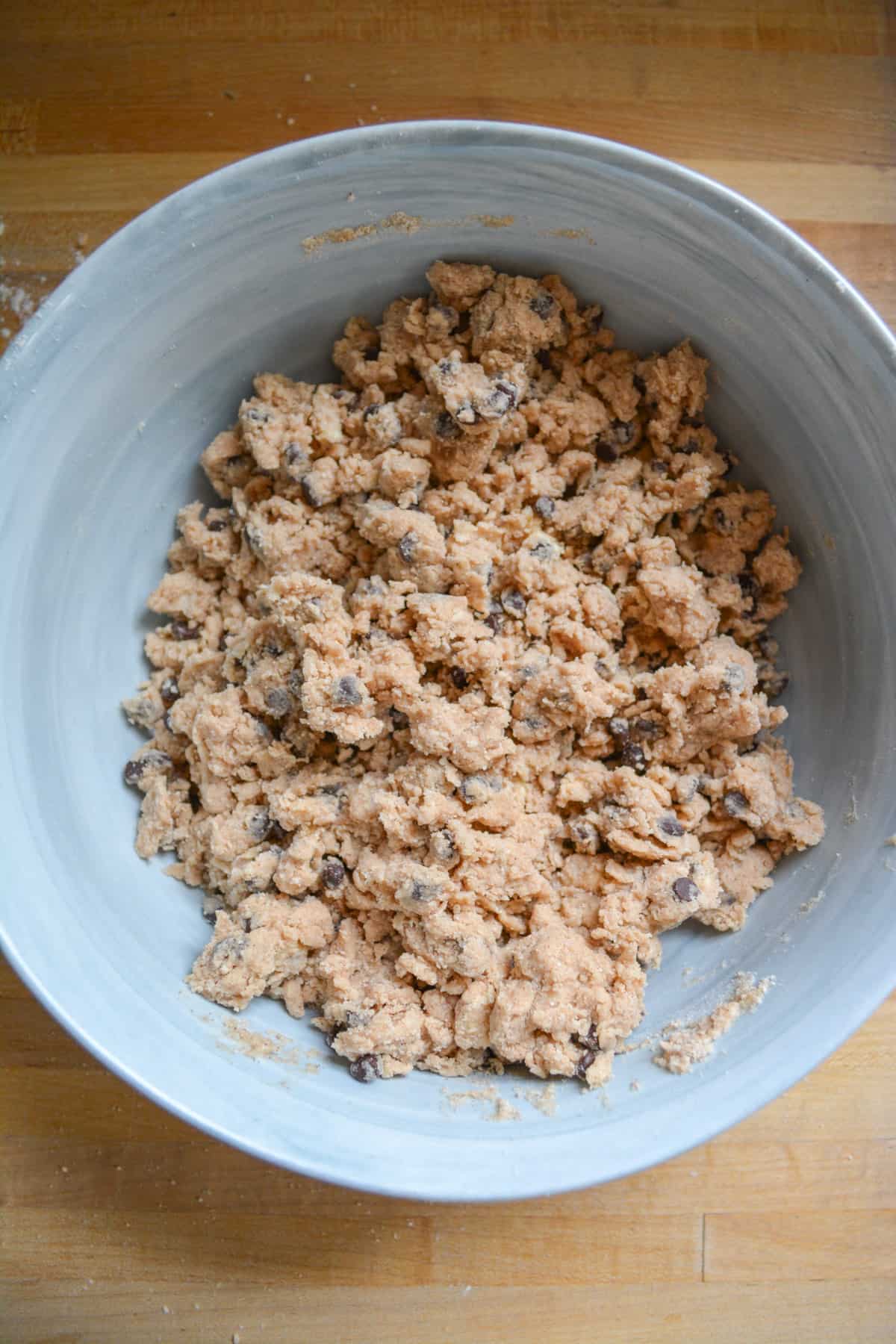 Wet ingredients mixed in to form the Vegan Chocolate Chip Cinnamon Scone dough.