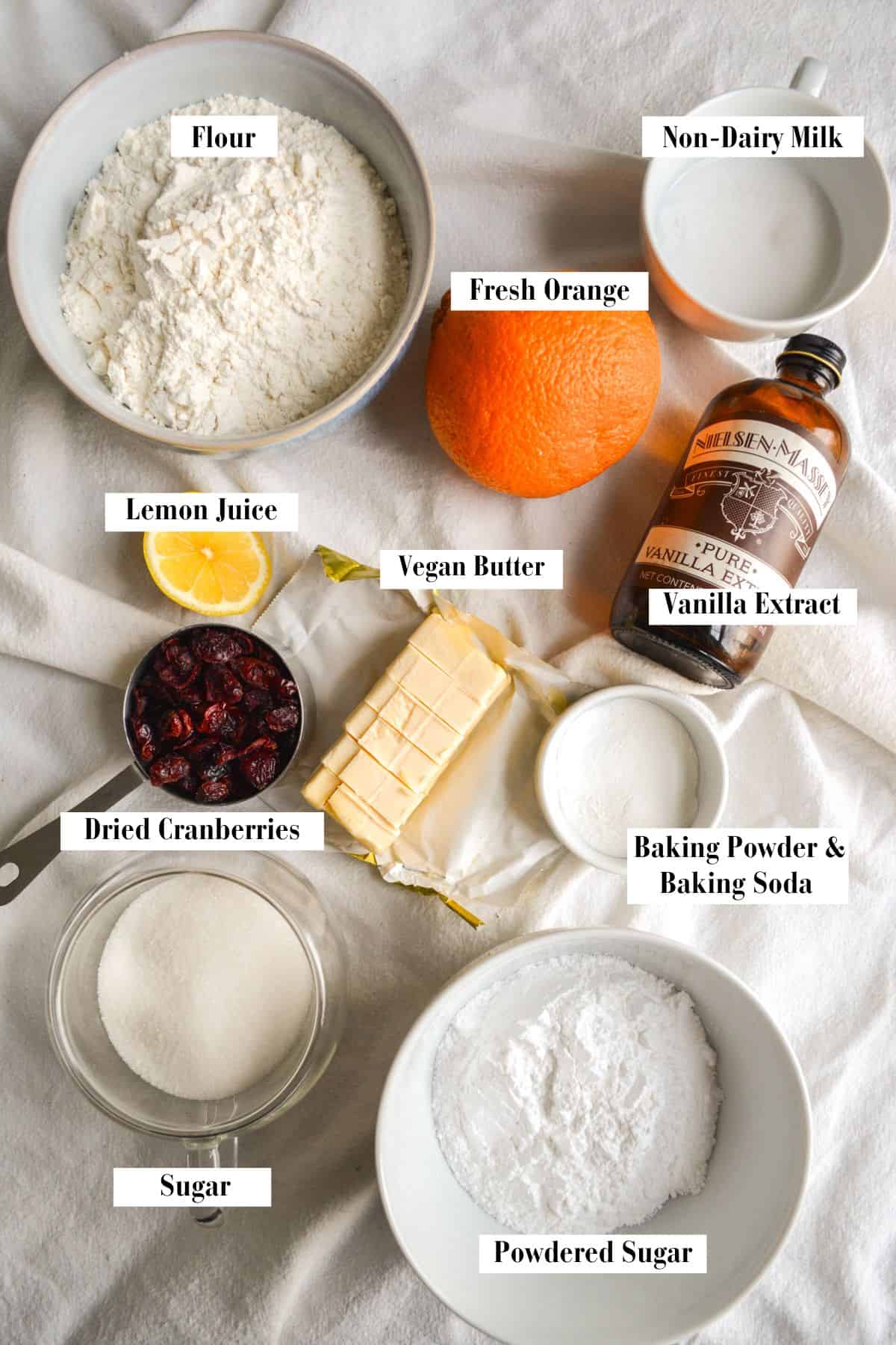 Ingredients needed to make the Vegan Cranberry Orange Scones.