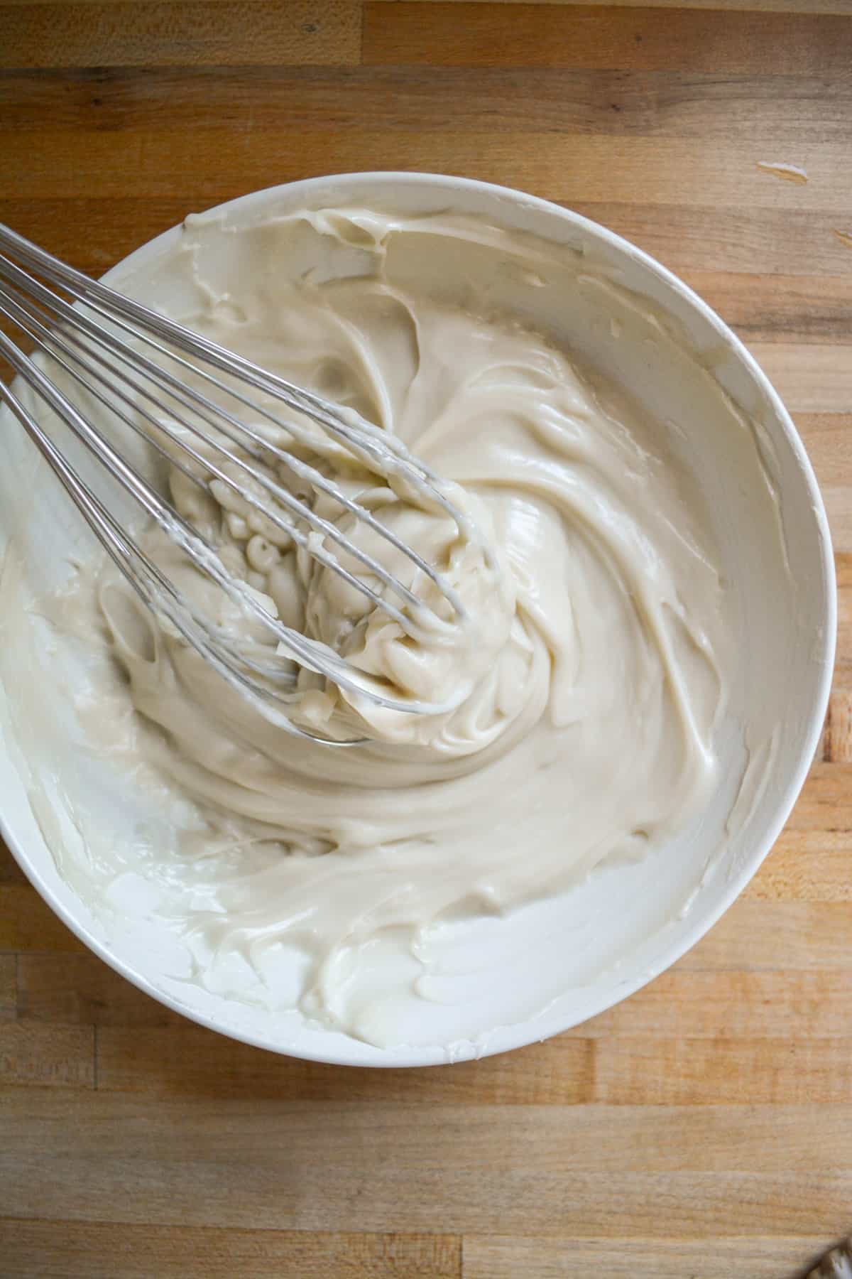 Cold pastry cream in a bowl whisked until smooth.