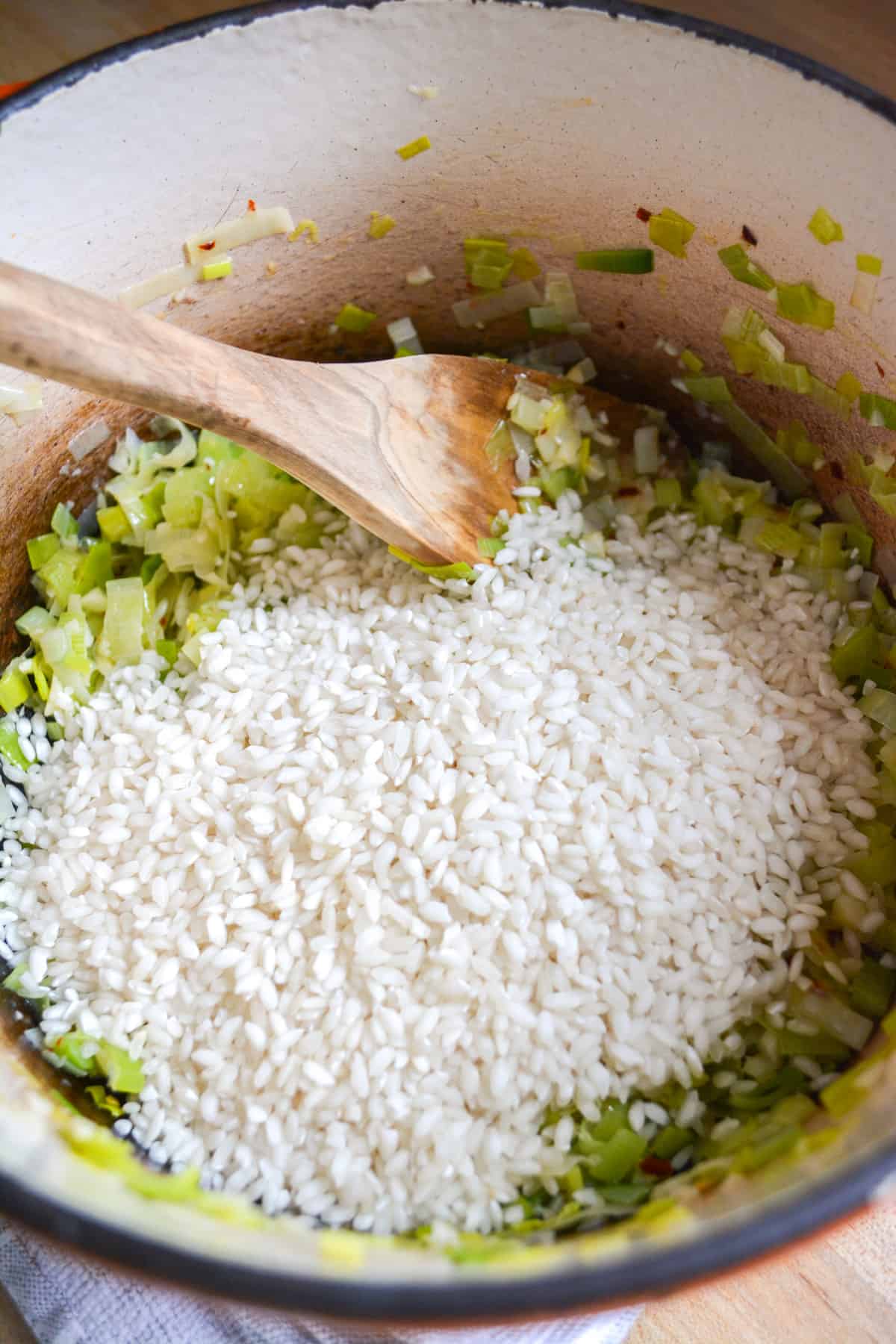 Arborio rice added into the pot.