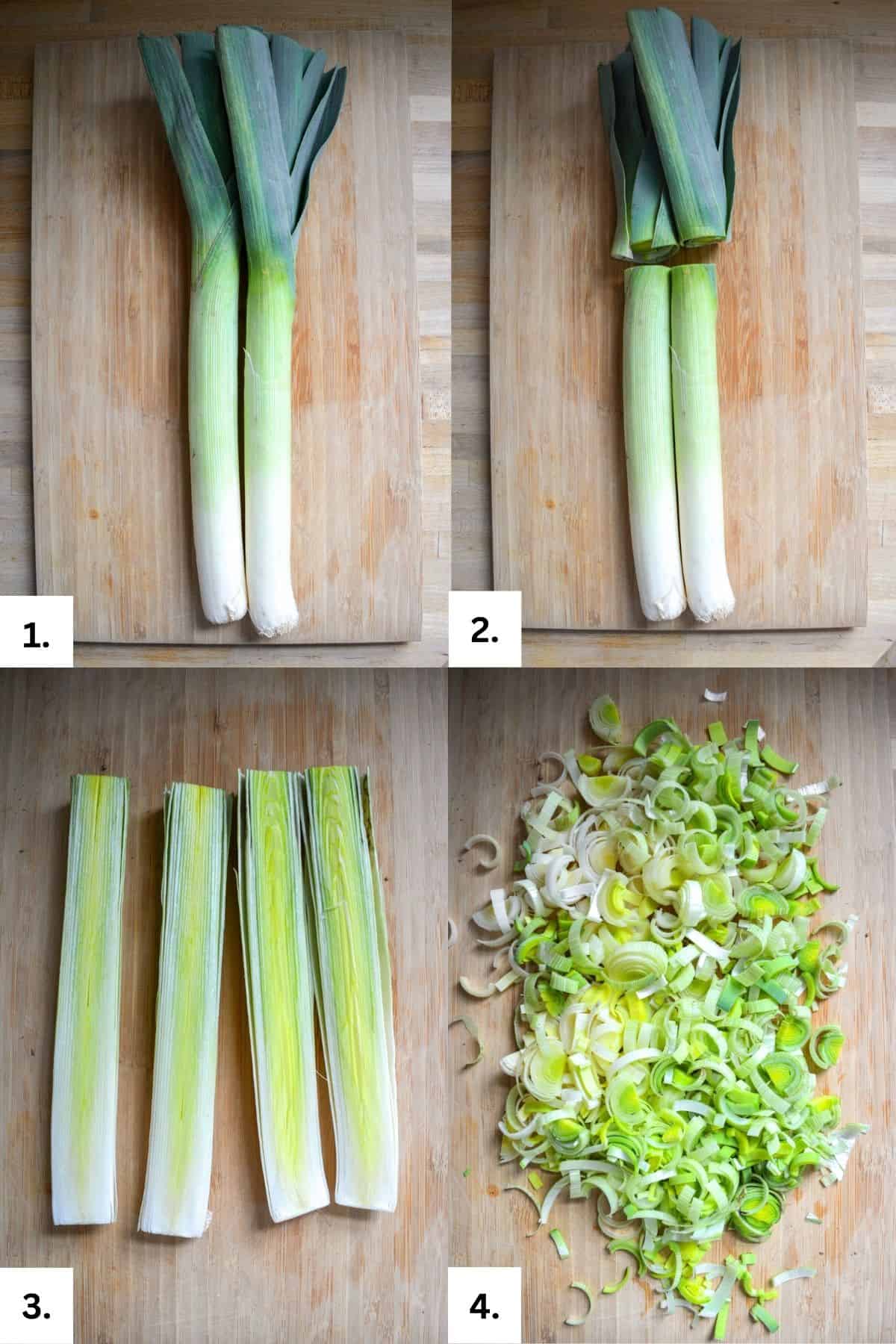 Steps of how to cut leeks. From slicing down the middle to slicing into strips.