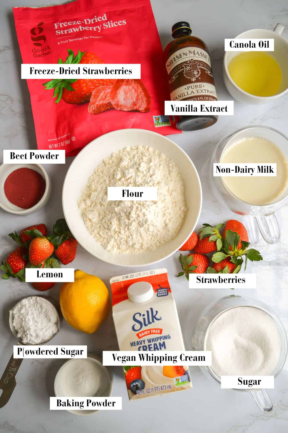 Ingredients needed to make this vegan strawberry cupcake recipe.