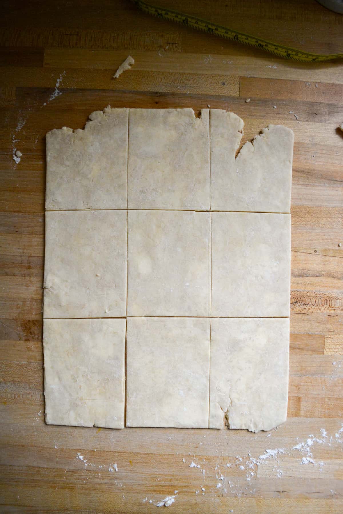 Pie dough rolled out and cut into rectangles.