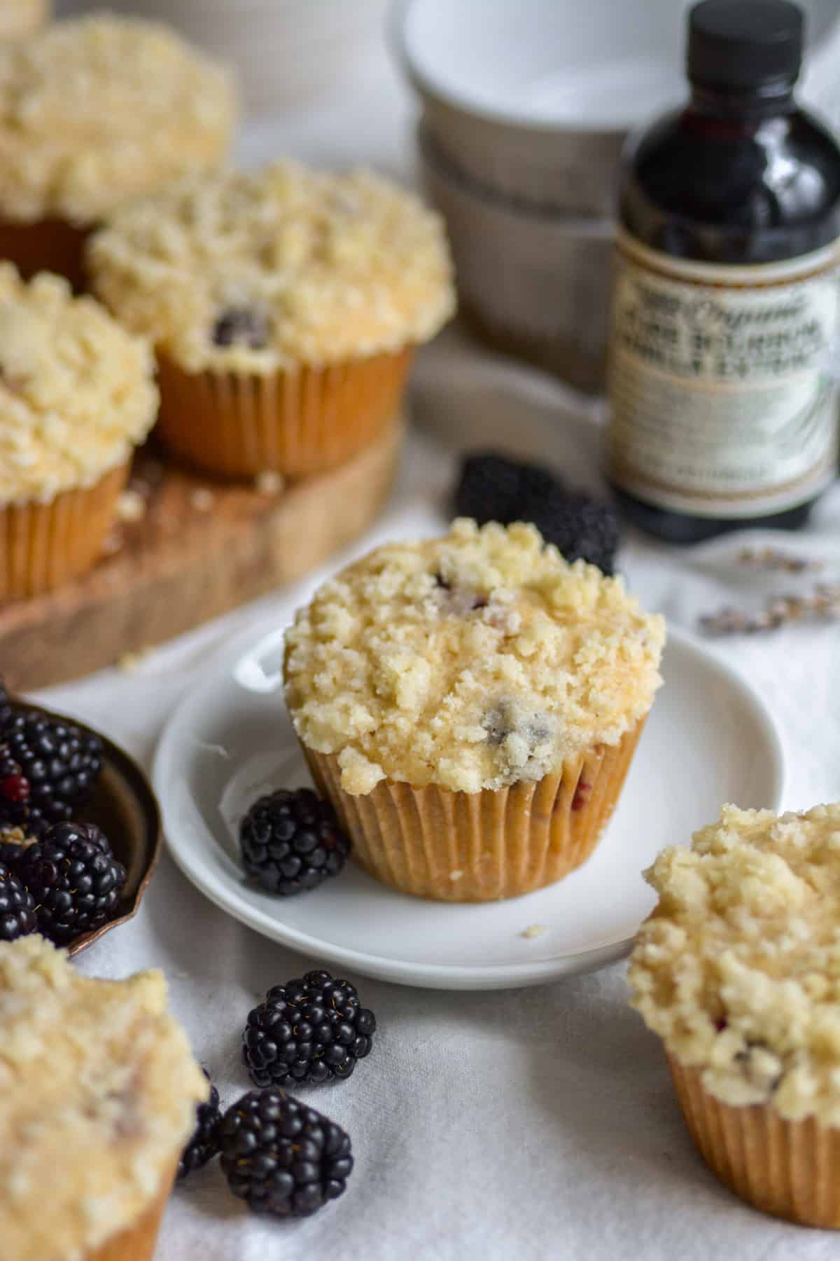 Vegan Blackberry muffin with crumb topping on a small plate with muffins in the background.