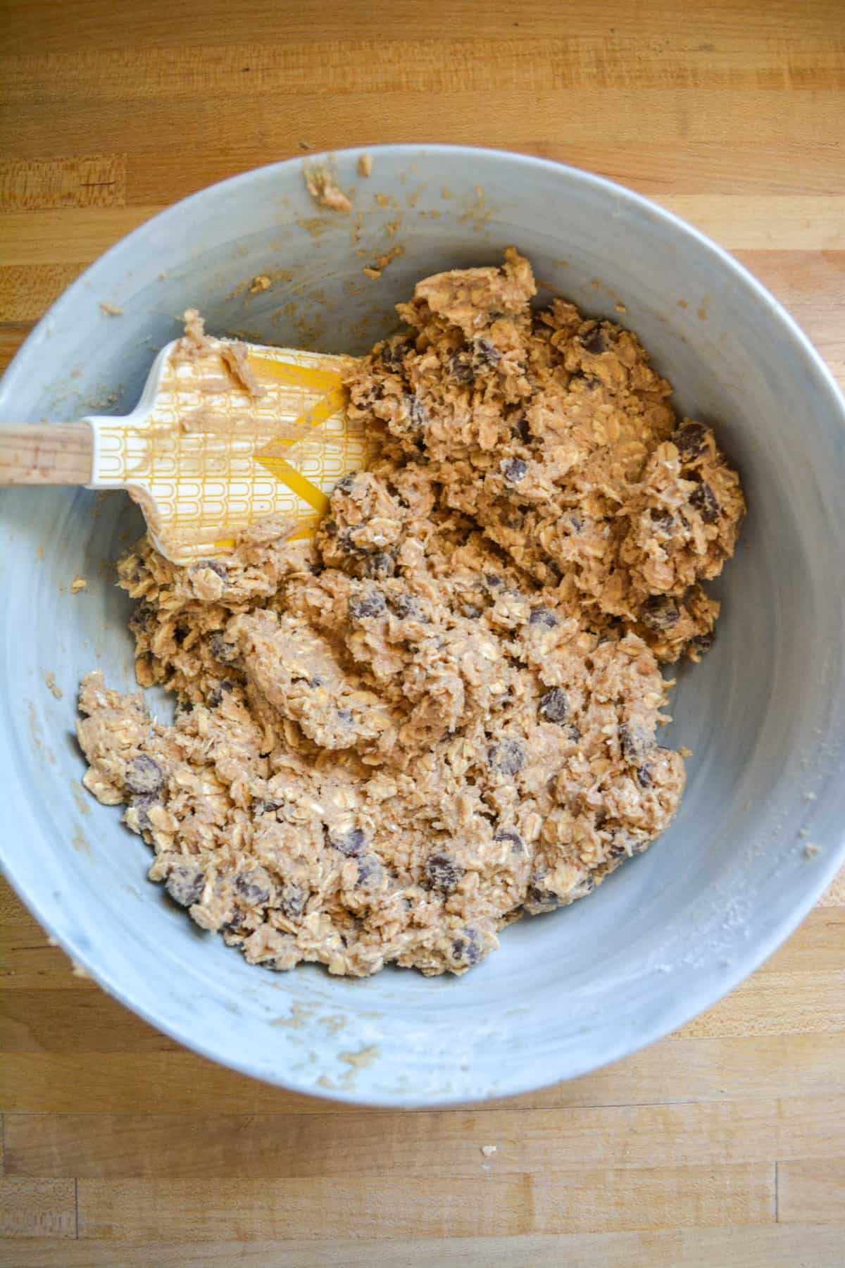 Chocolate chips folded into the oatmeal cookie dough.