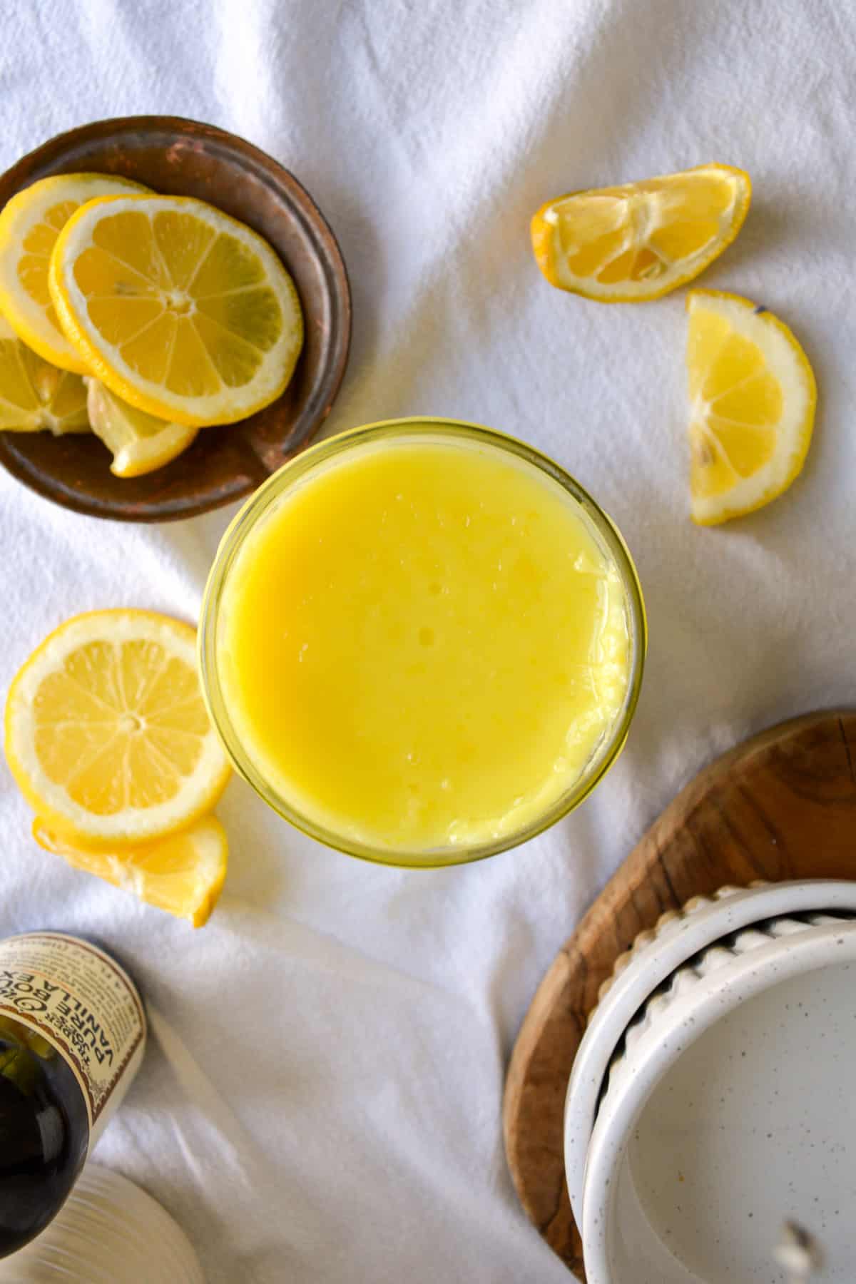 Cooled lemon curd in a glass jar.