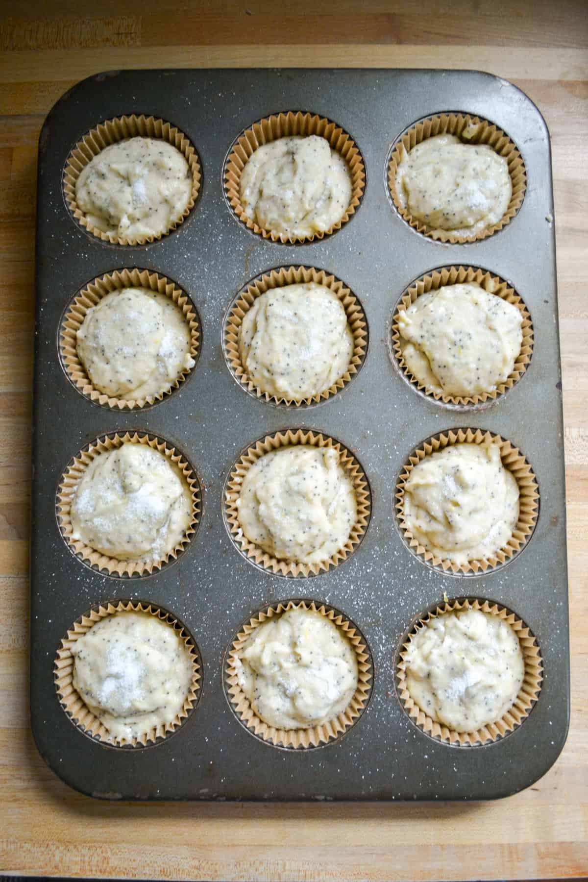 Batter portioned into lined muffin tins and topped with granulated sugar ready to bake.