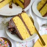 Vegan Birthday Cake on a small plate with a gold fork next to it.