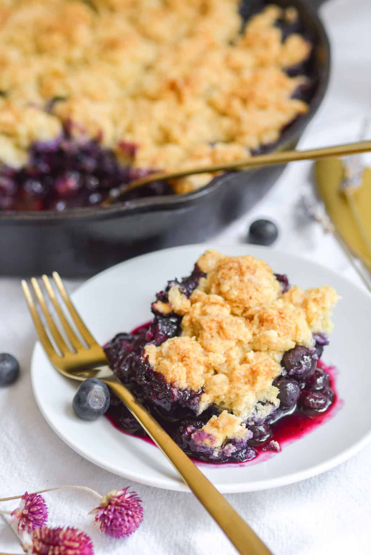 Vegan Blueberry Cobber on a small plate with the remaining cobbler in a skillet in the background.