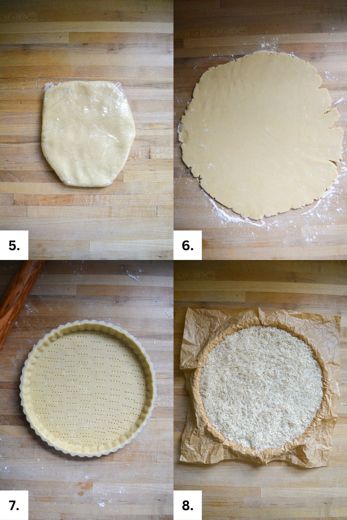 Step-by-step photos pf rolling the tart dough out and inserting it into the tart pan.