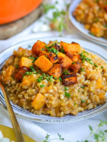 Farrotto with Butternut Squash on a plate with a gold form to the left.