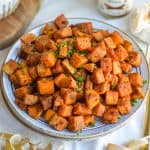 Spicy Roasted Sweet Potatoes on a plate.