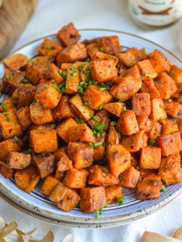 Spicy Roasted Sweet Potatoes on a plate.