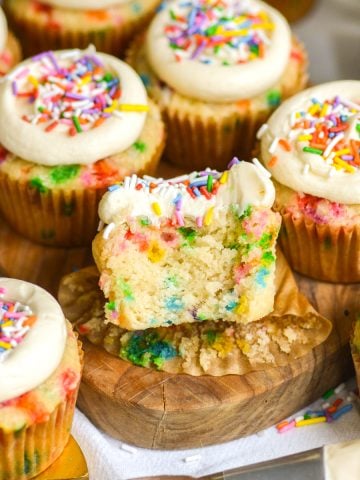 Homemade Vegan Funfetti Cupcake with a bite taken out of it.