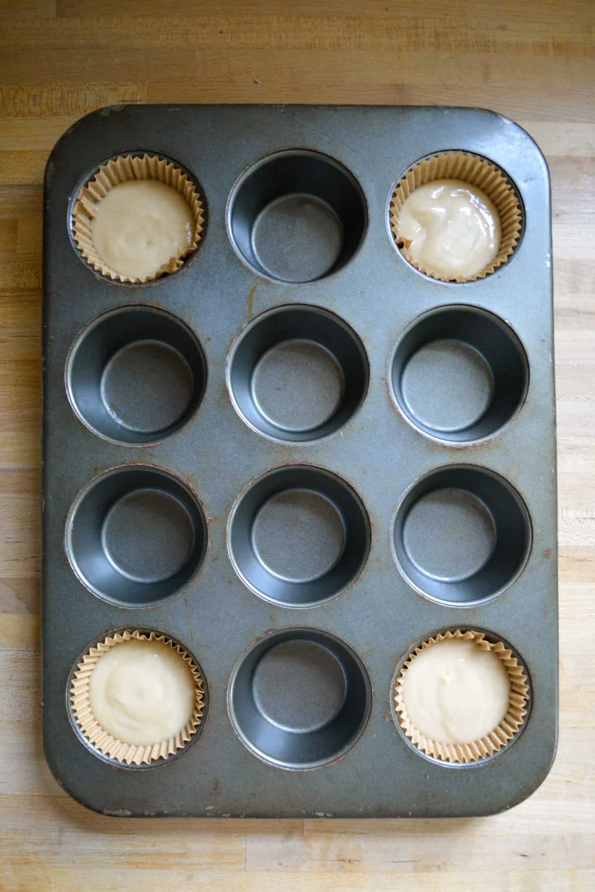 Cupcake batter in a lined cupcake pan.