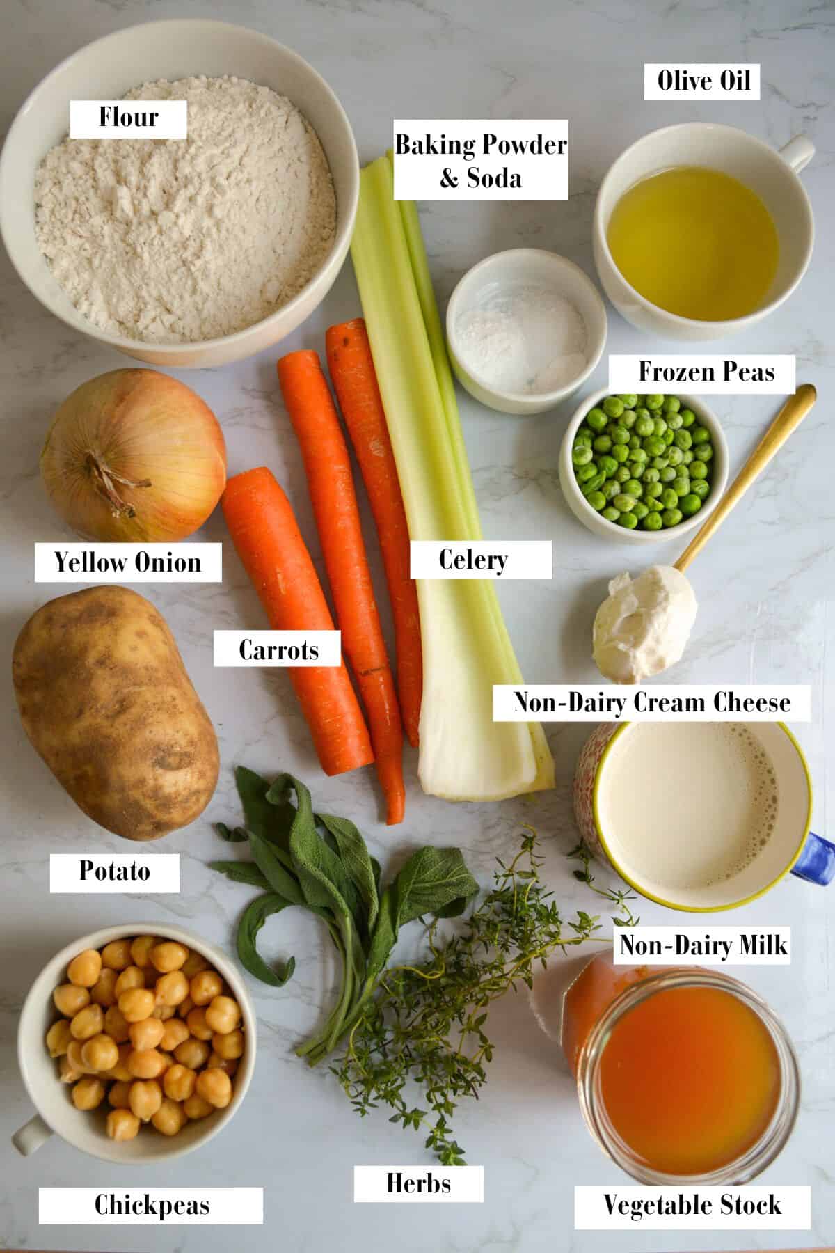 Ingredients for making this recipe in small bowls on a marble surface.