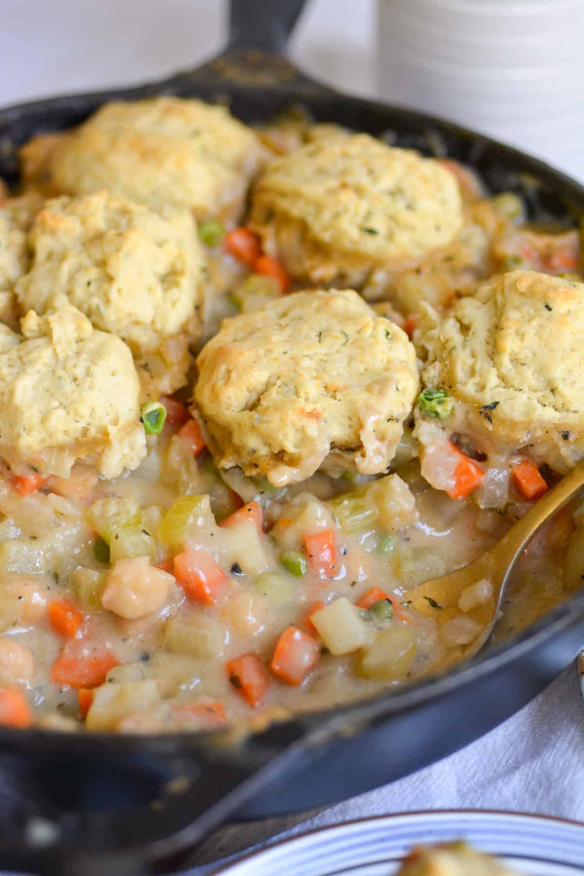 Vegan Chickpea Pot Pie in a cast iron skillet.