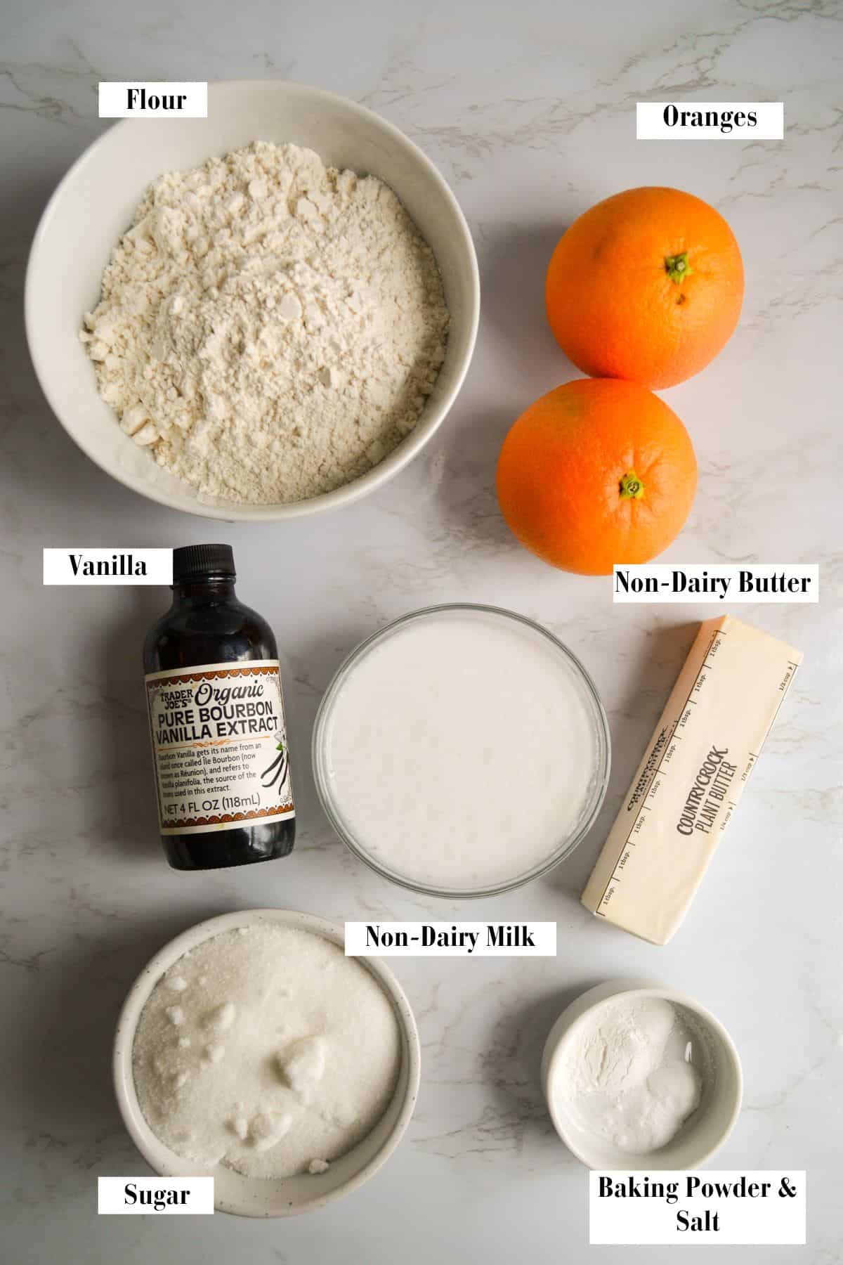 Ingredients for making this recipe in small bowls on a marble surface.