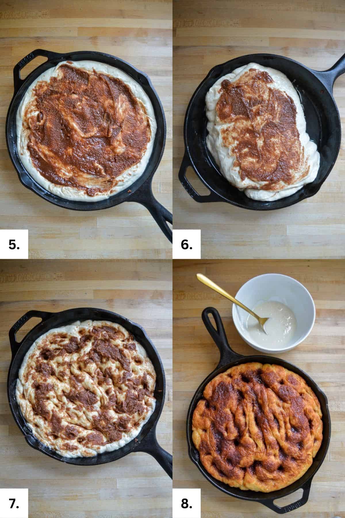 Folding the dough and baking the dough in a cast iron pan.