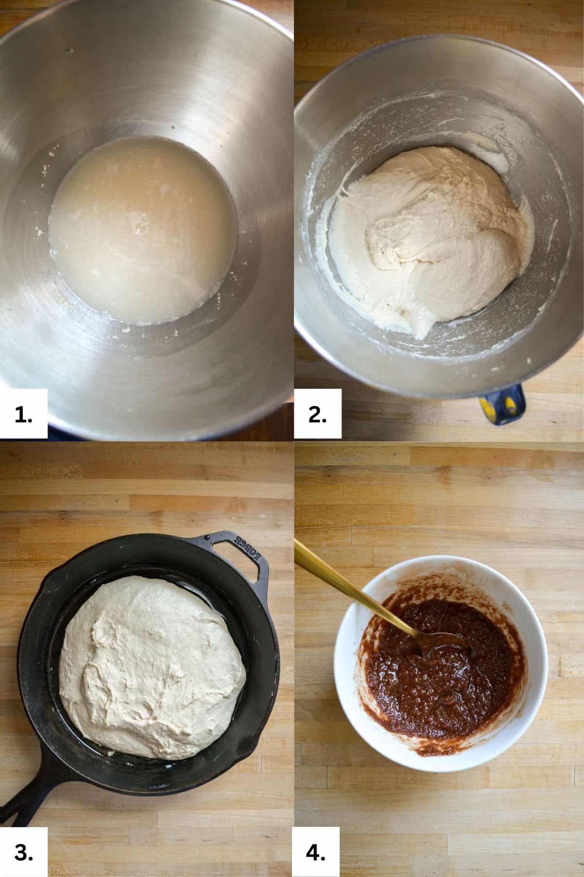 Mixing the focaccia dough and cinnamon sugar filling.