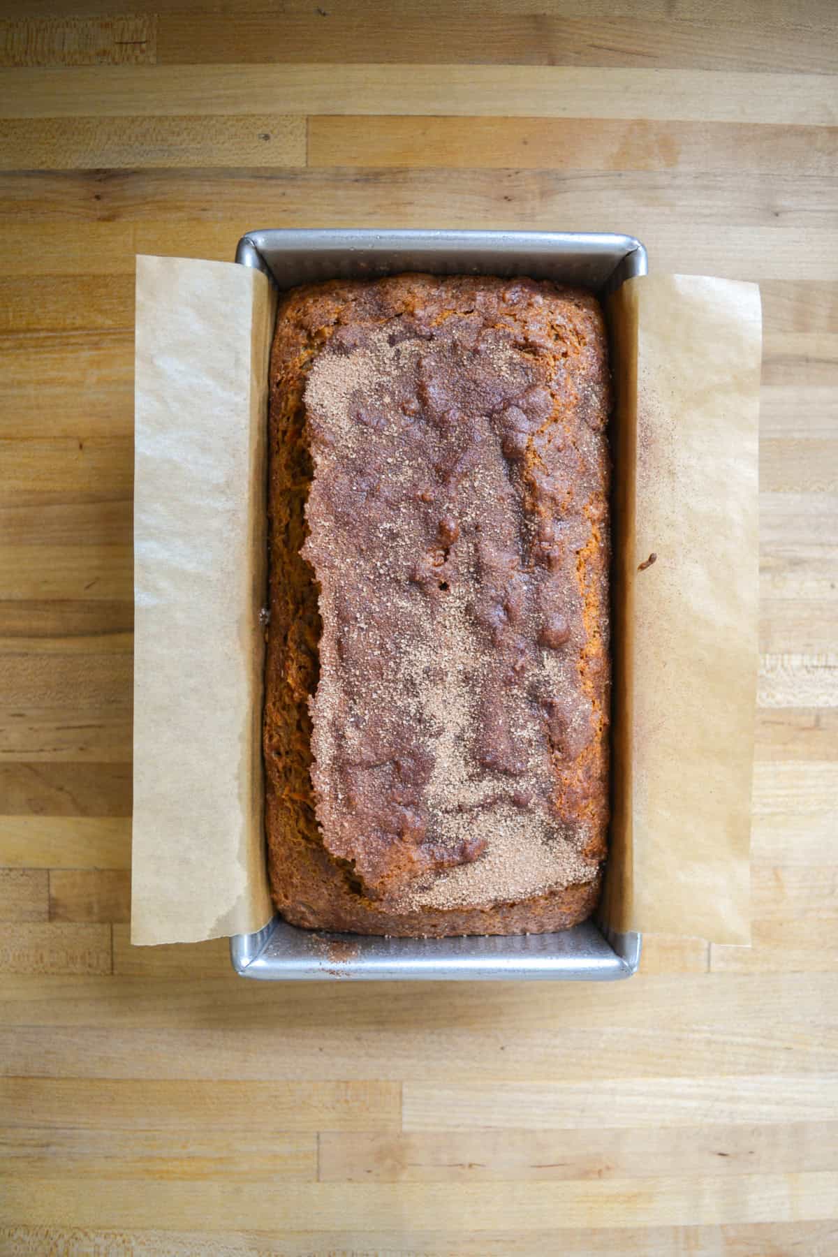 Baked Vegan Carrot Cake Loaf in a loaf pan.