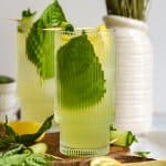 Cucumber Basil Mocktail in a Tall glass with a basil leave on the side of the glass.