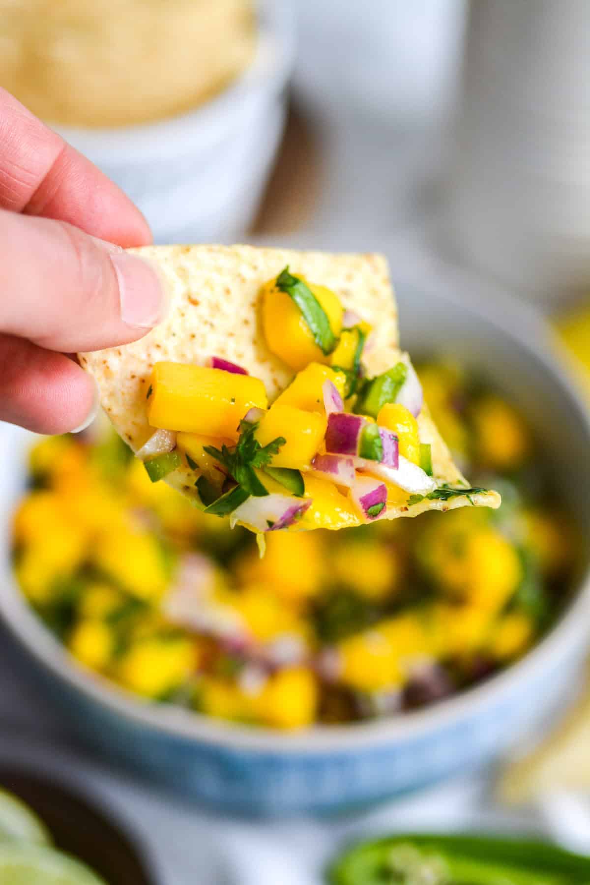 A tortilla chip with mango pico de gallo on it.