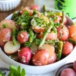 Green Bean Potato Salad in a white bowl.