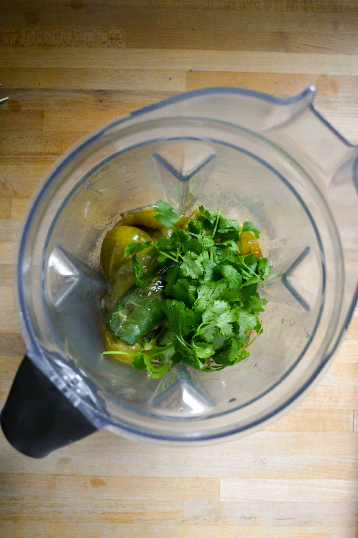 Tomatillo Salsa Verde ingredients in a blender.