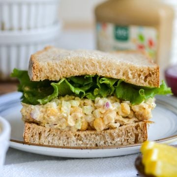 Vegan Chickpea Tuna Salad Sandwich on a small plate.