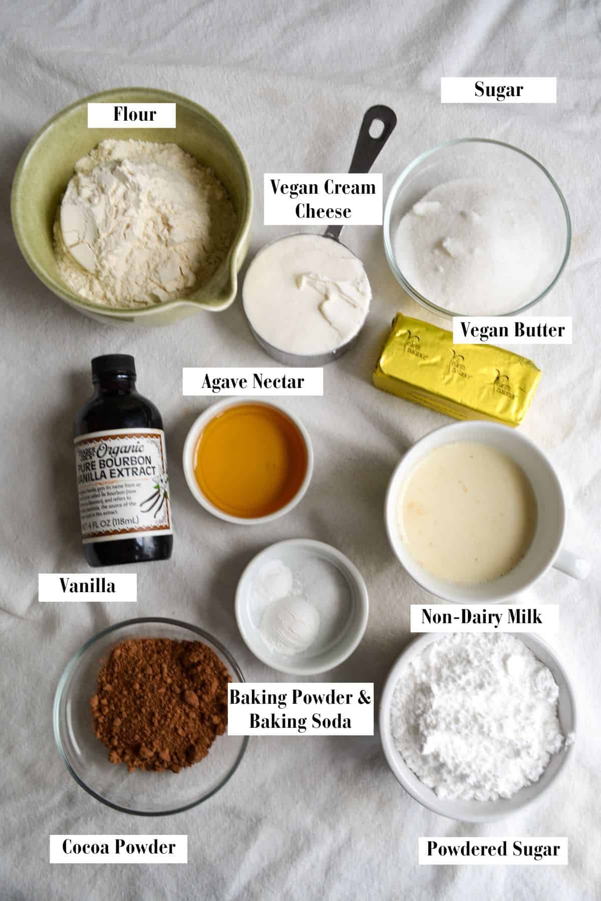 Ingredients for this recipe in small bowls on a linen cloth.