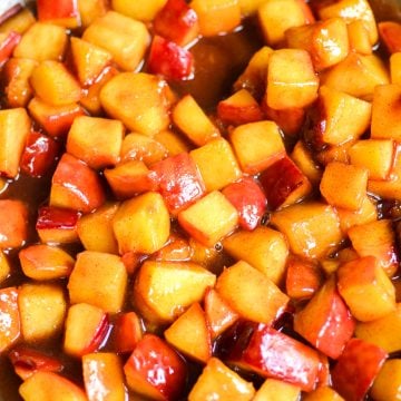 Chopped Caramelized Peaches in a skillet.