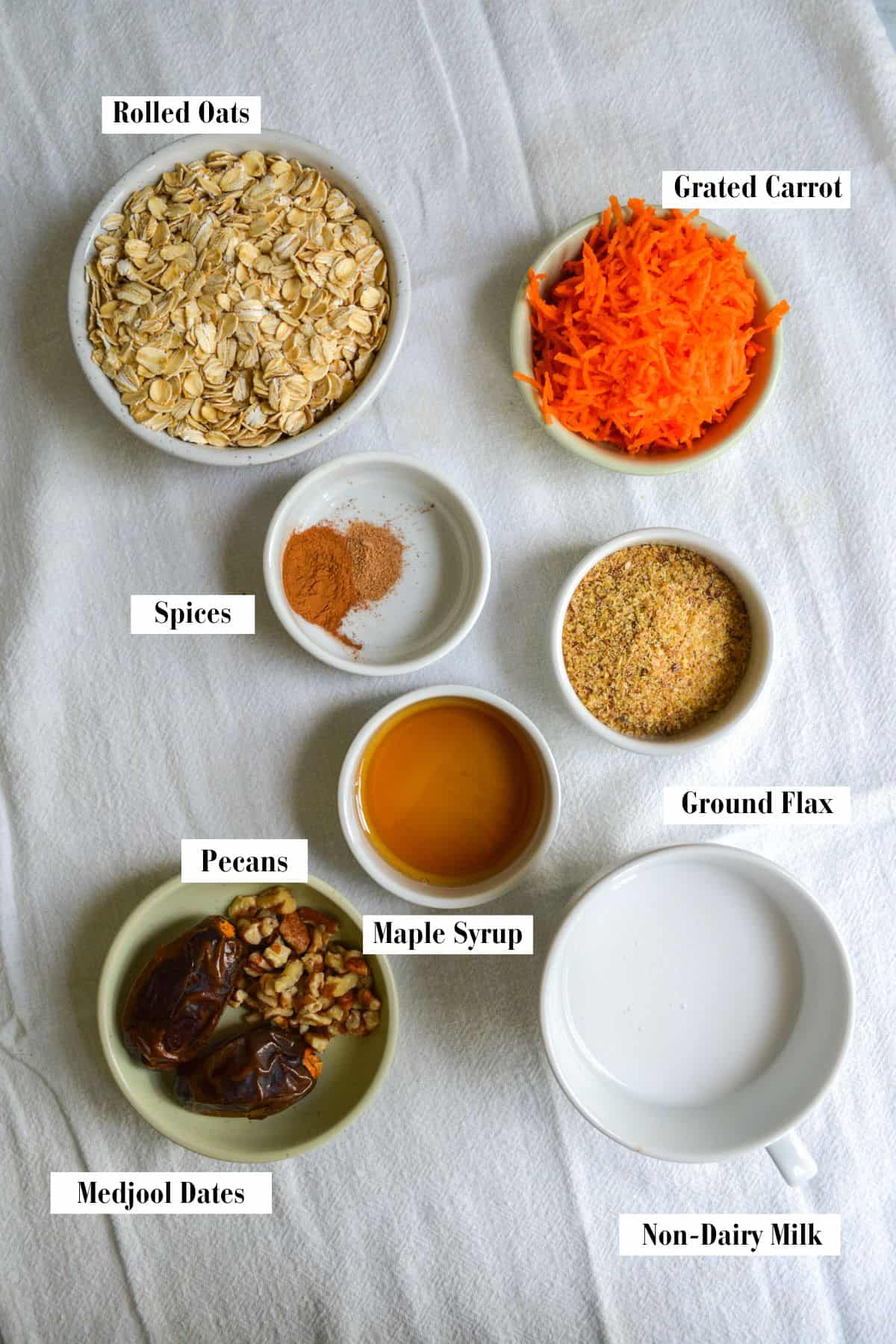 Ingredients for this recipe in small bowls on a linen cloth.