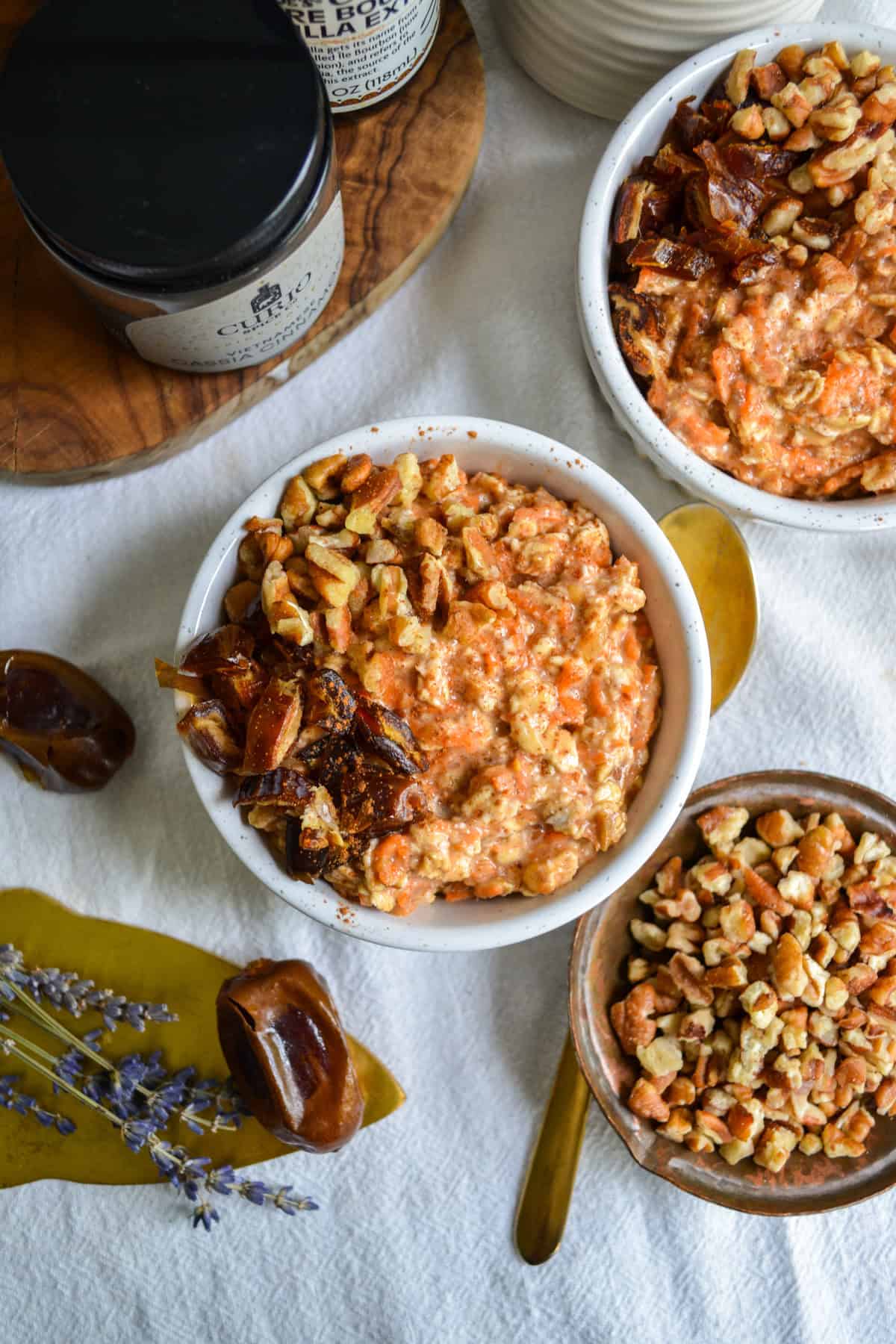 Carrot cake overnight oats with no chia seeds in a ramekin.