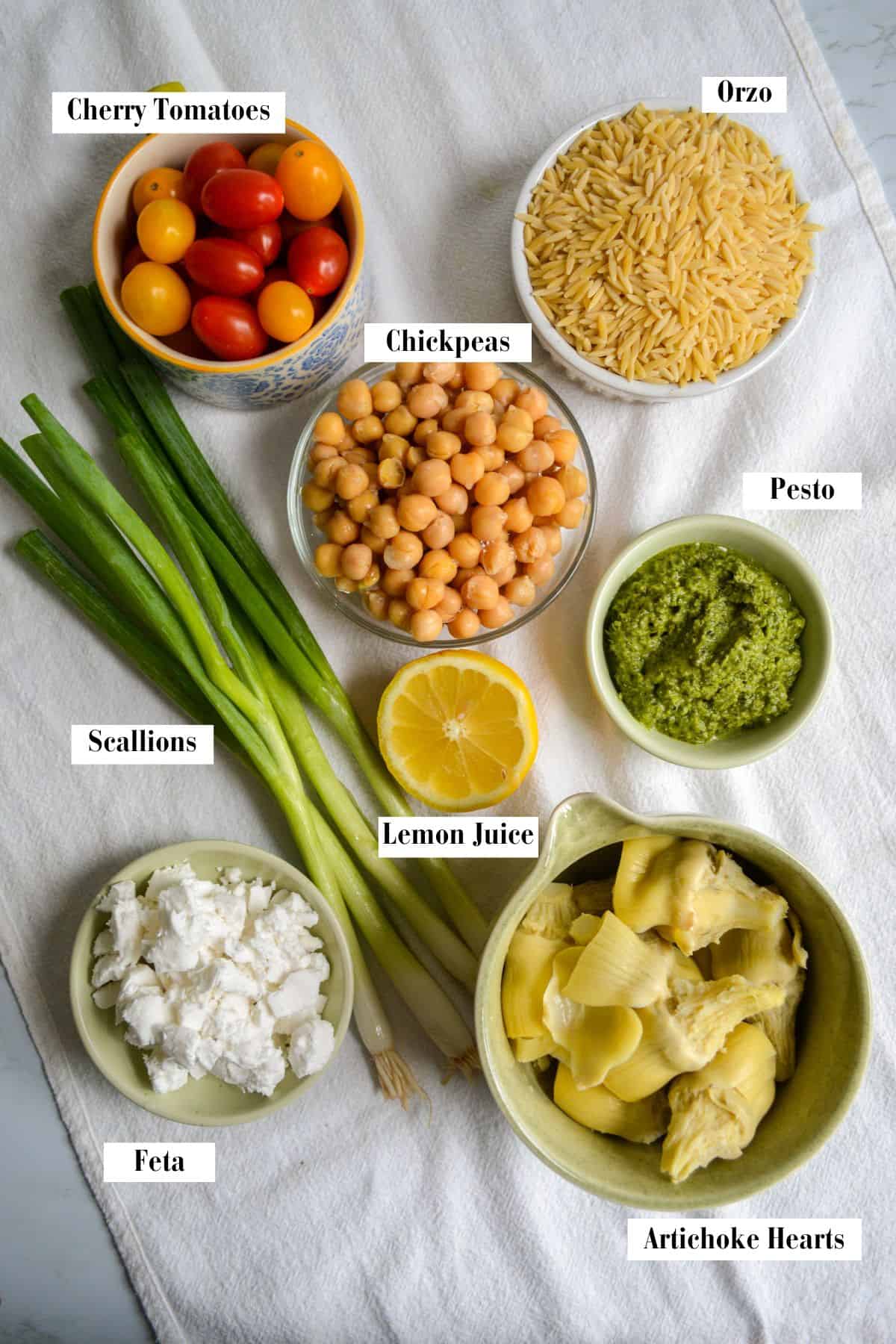 Ingredients for making this recipe in small bowls on a linen cloth.