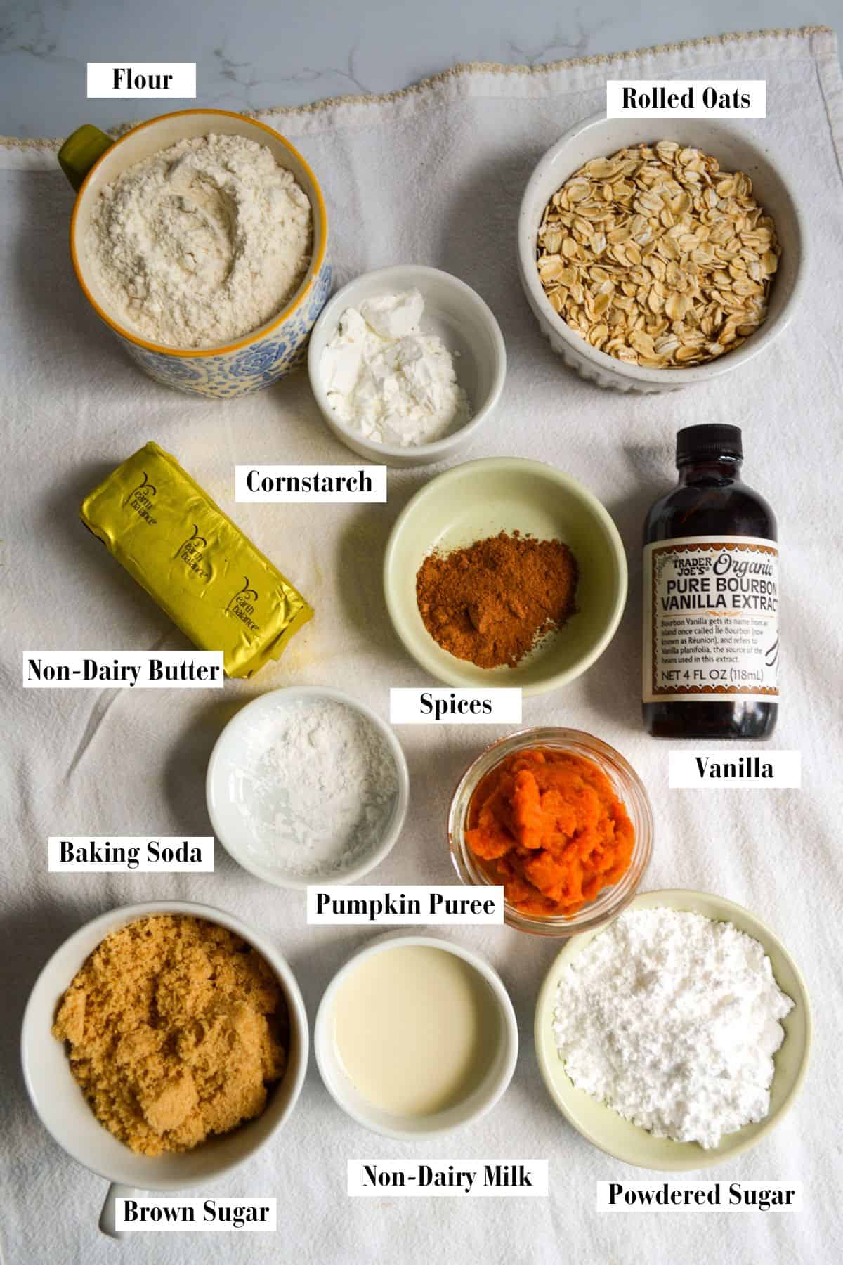 Ingredients for this recipe in small bowls on a linen cloth.