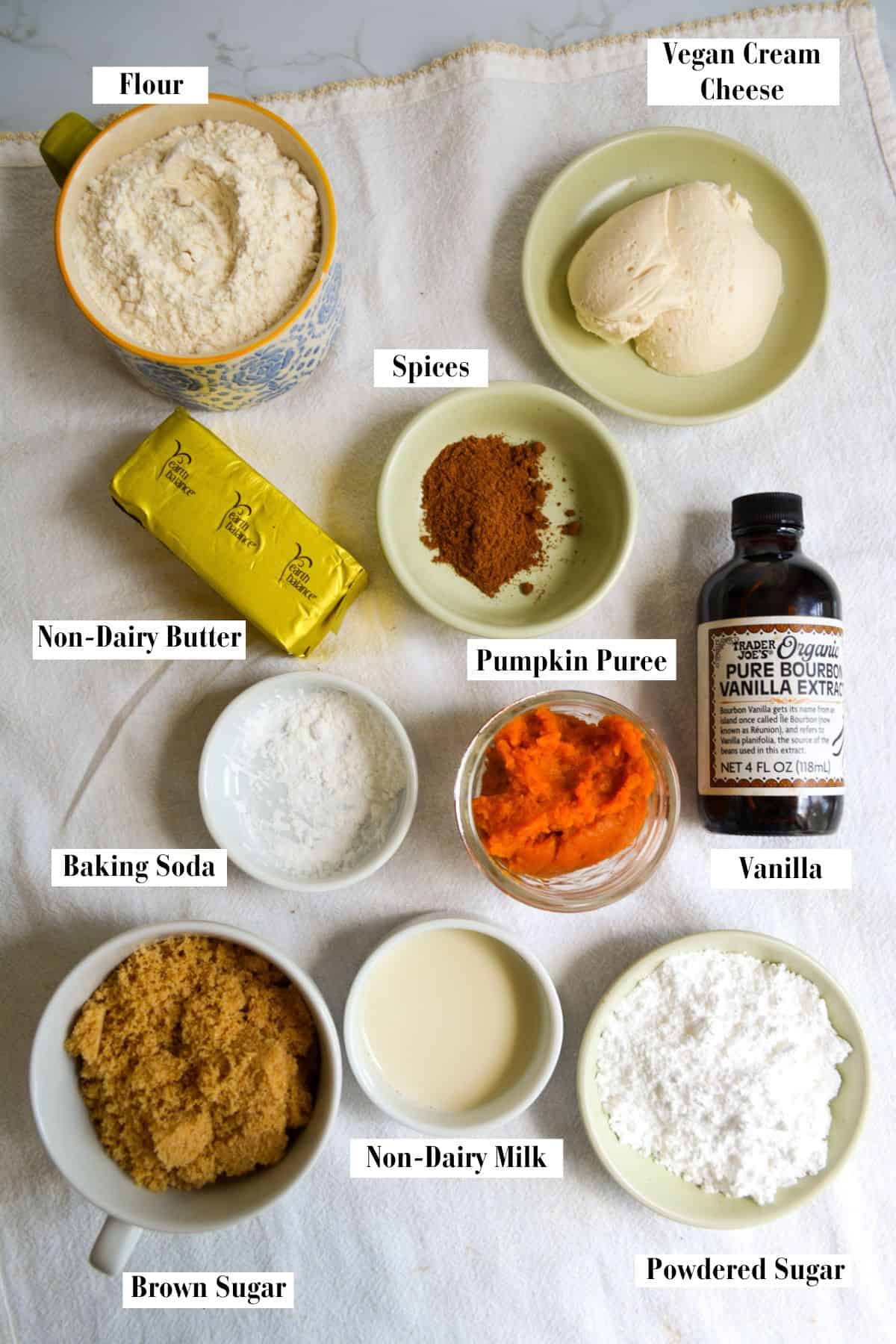 Ingredients for this recipe in small bowls on a linen cloth.