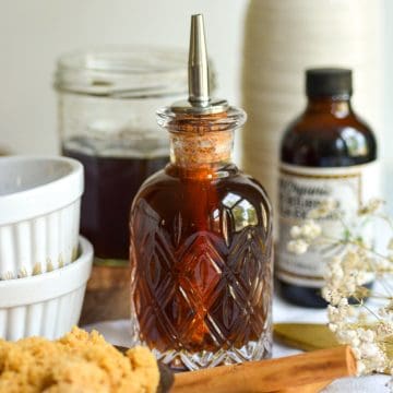 Brown Sugar Simple Syrup in a glass bottle.