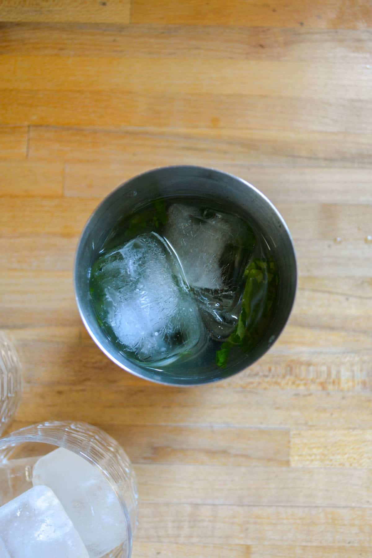 Cocktail ingredients in a shaker.