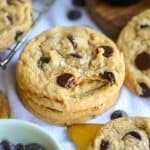 A Gluten Free Vegan Chocolate chip Cookie with a bite taken out of it.