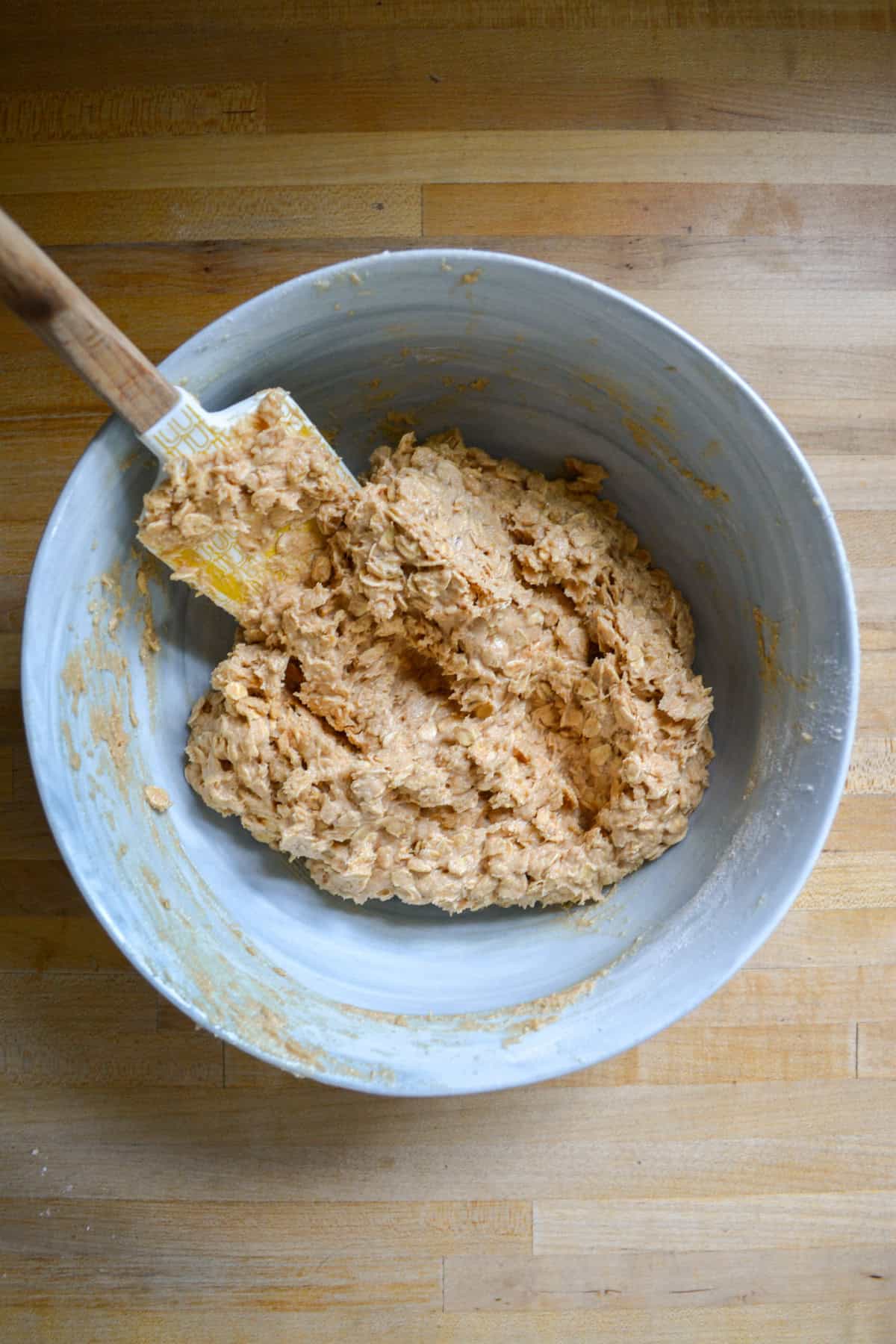 Oatmeal cookie dough in a large bowl.
