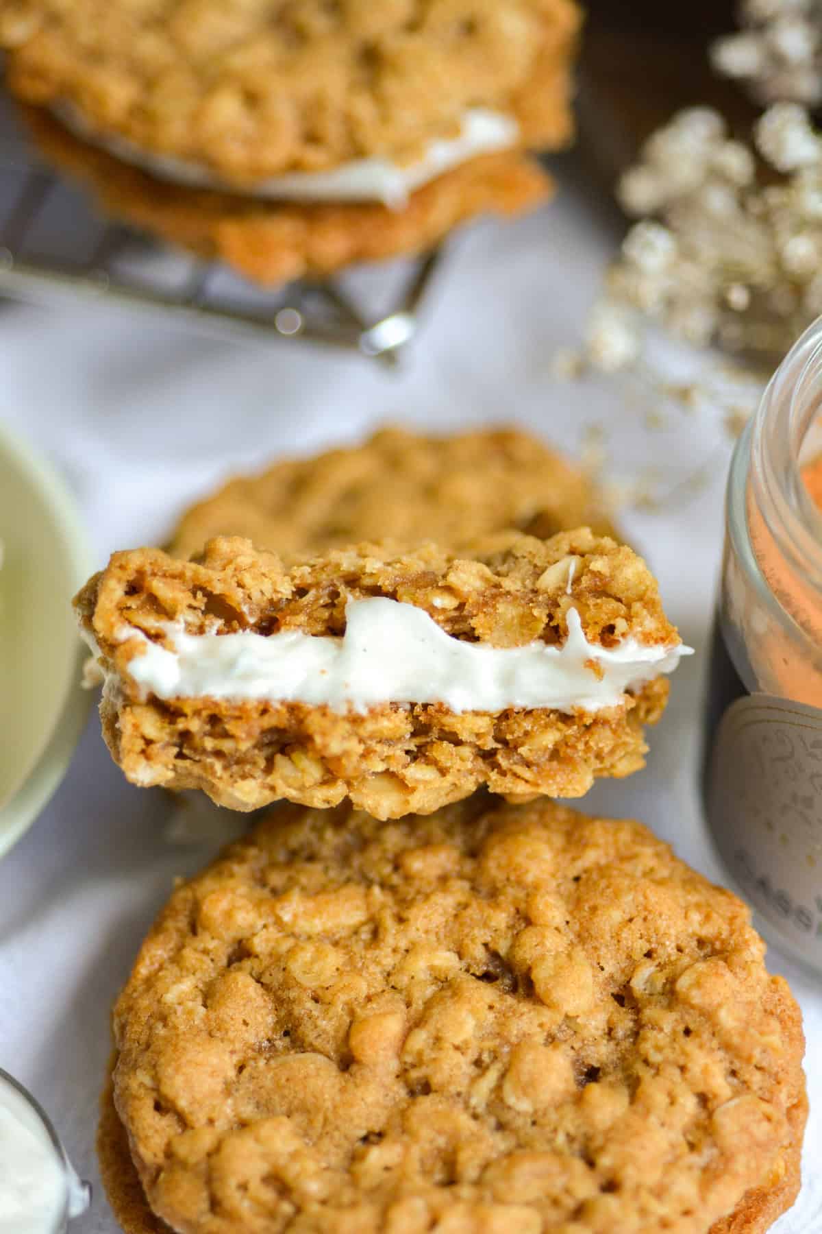 A Homemade Vegan Oatmeal Cream Pie cut in half.