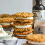 A stack of three Homemade Vegan Oatmeal Cream Pies.
