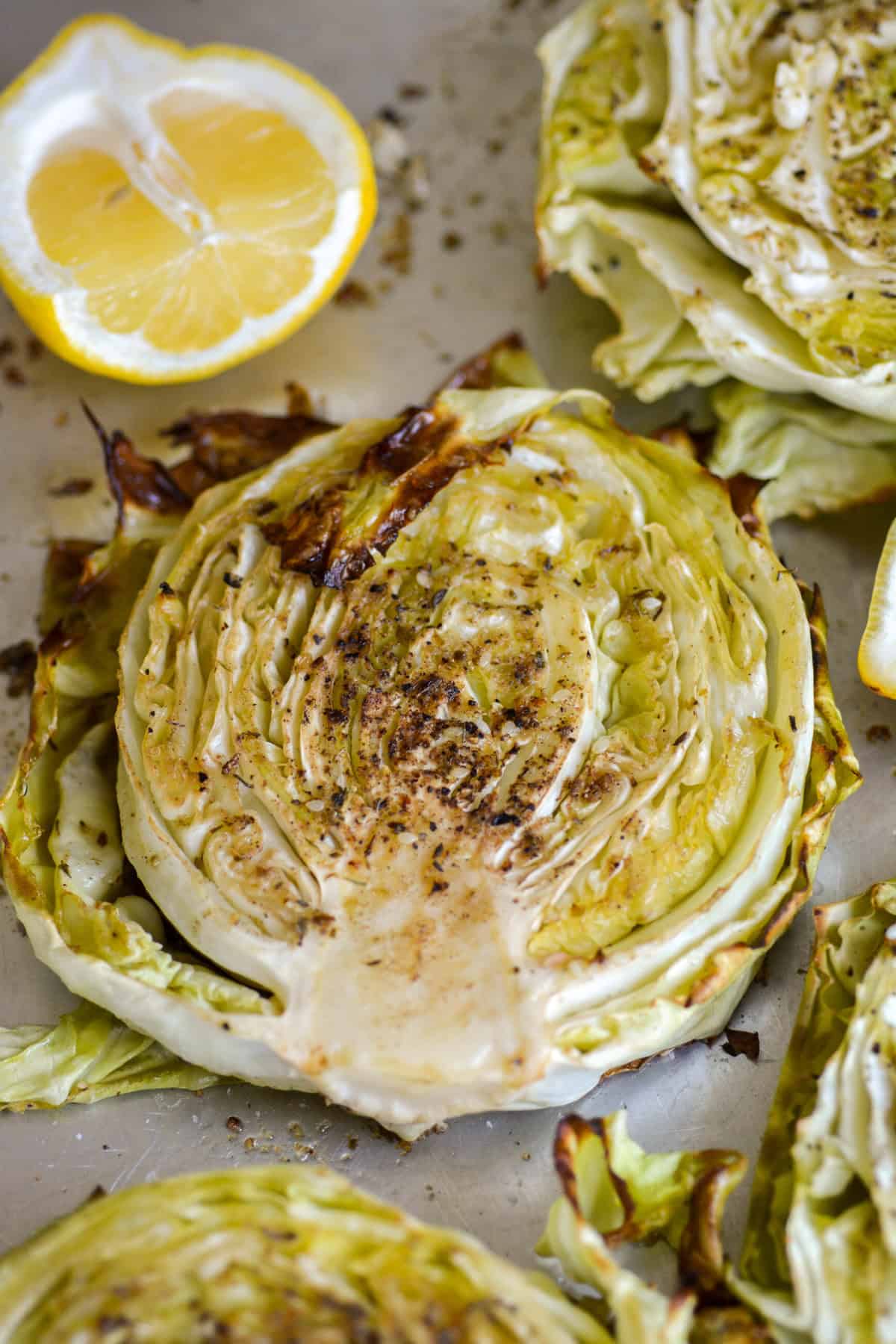 Roasted Cabbage Steaks on a baking sheet.